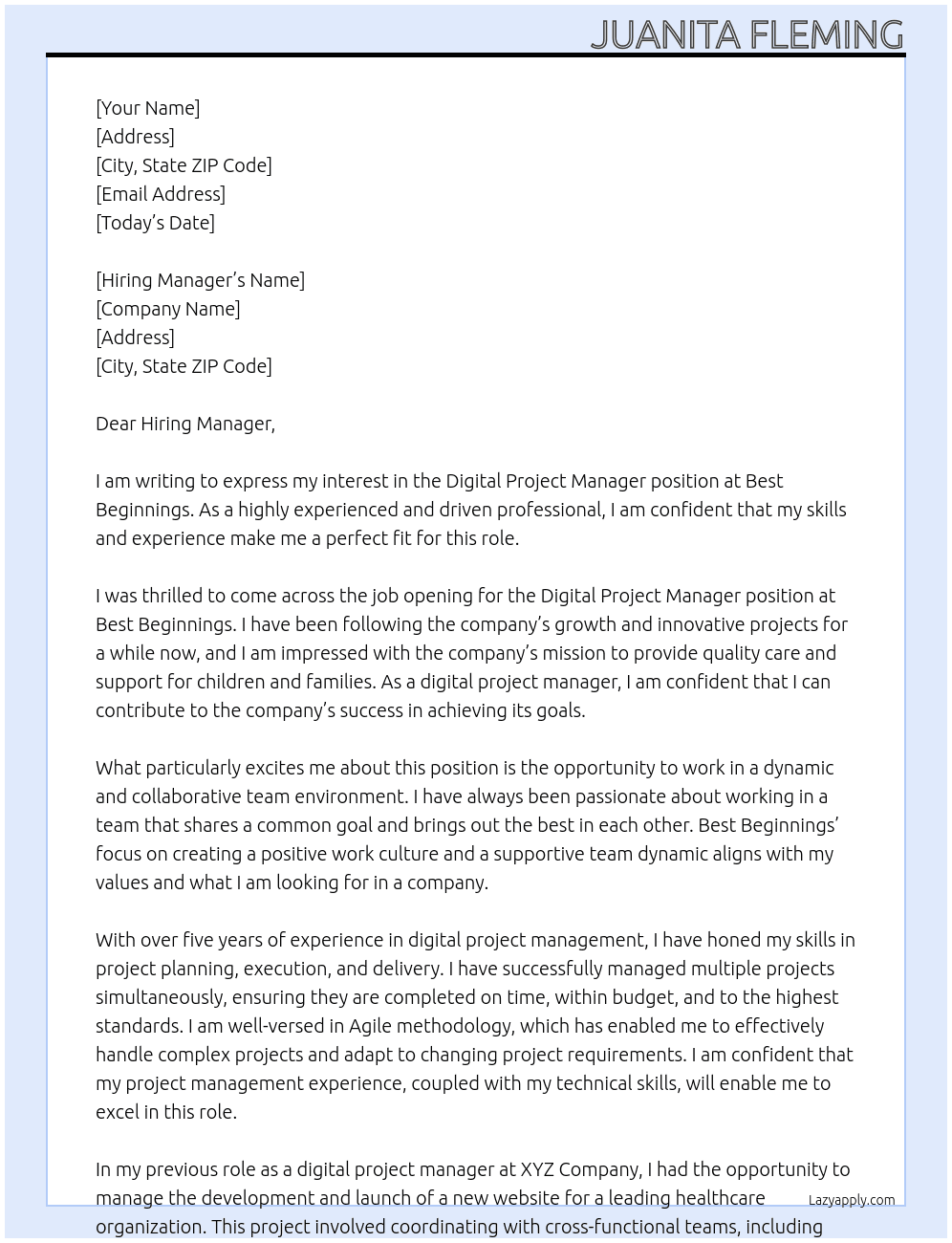 Digital Project Manager  At Best Beginnings  Cover Letter