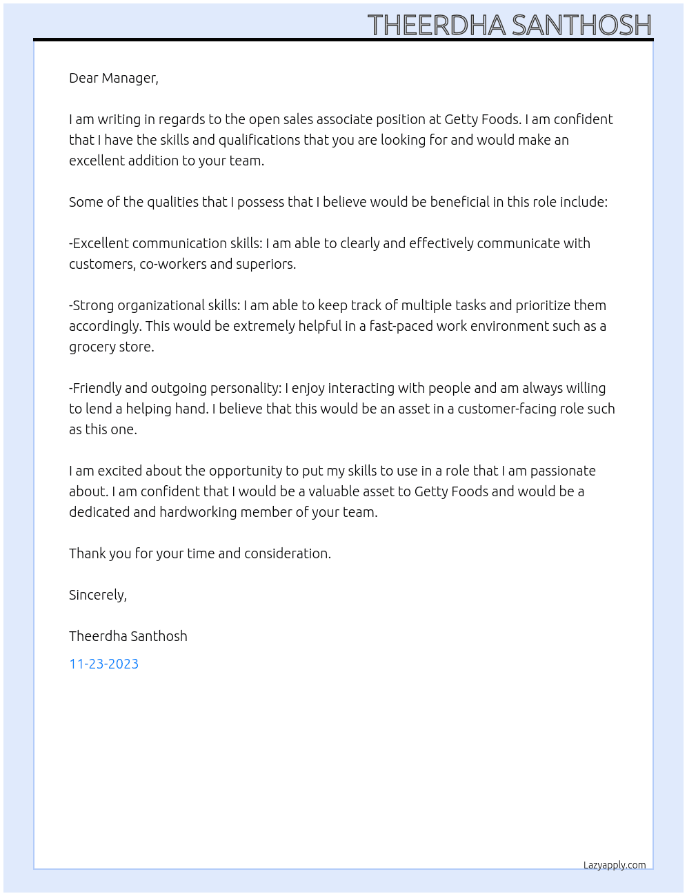 Sales associate  At Getty Foods Cover Letter