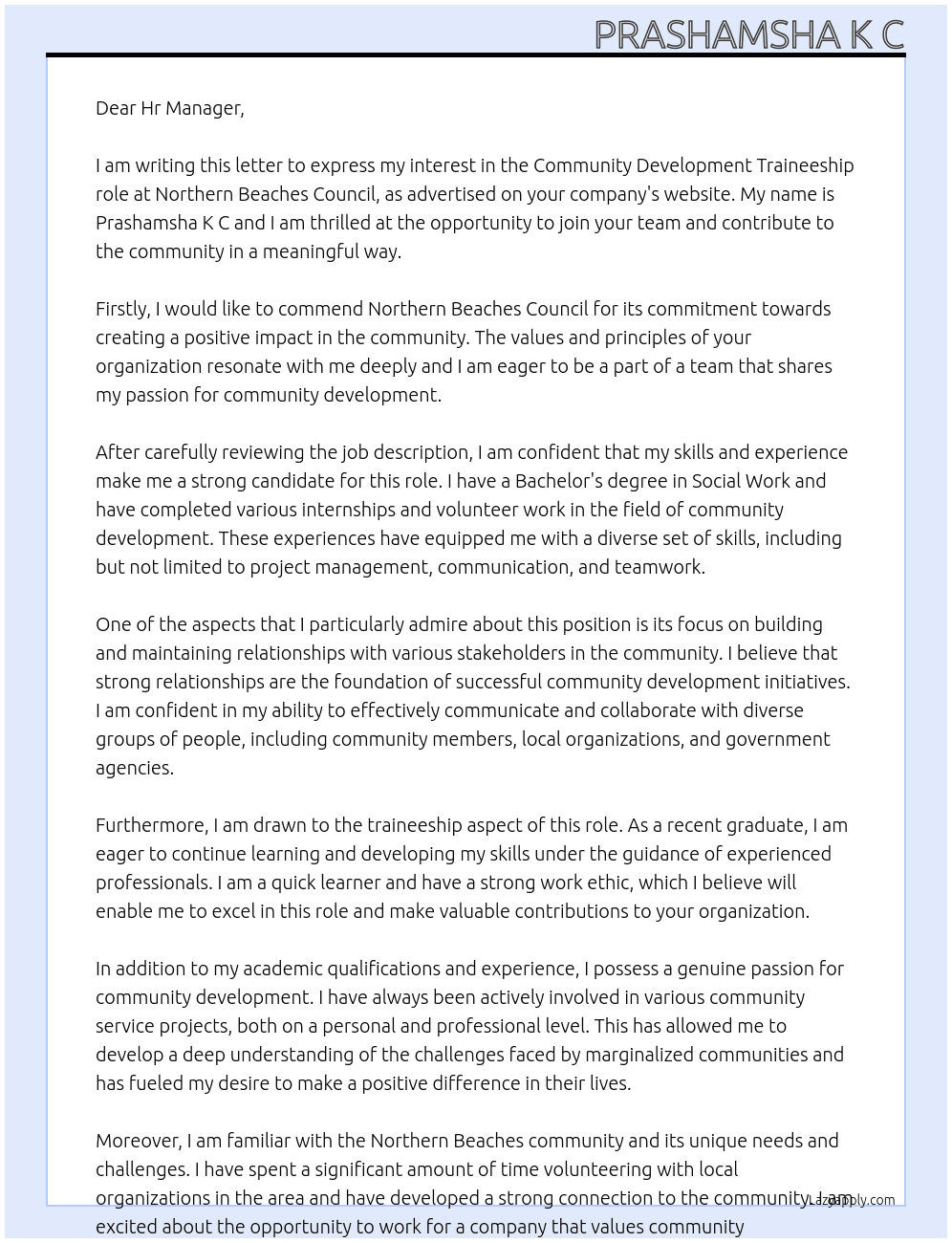Community Development  At Northern Beaches Council Cover Letter