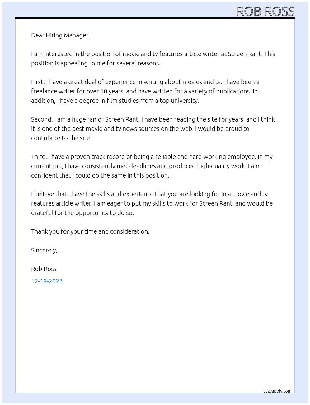movie and tv features article writer At Screen Rant Cover Letter