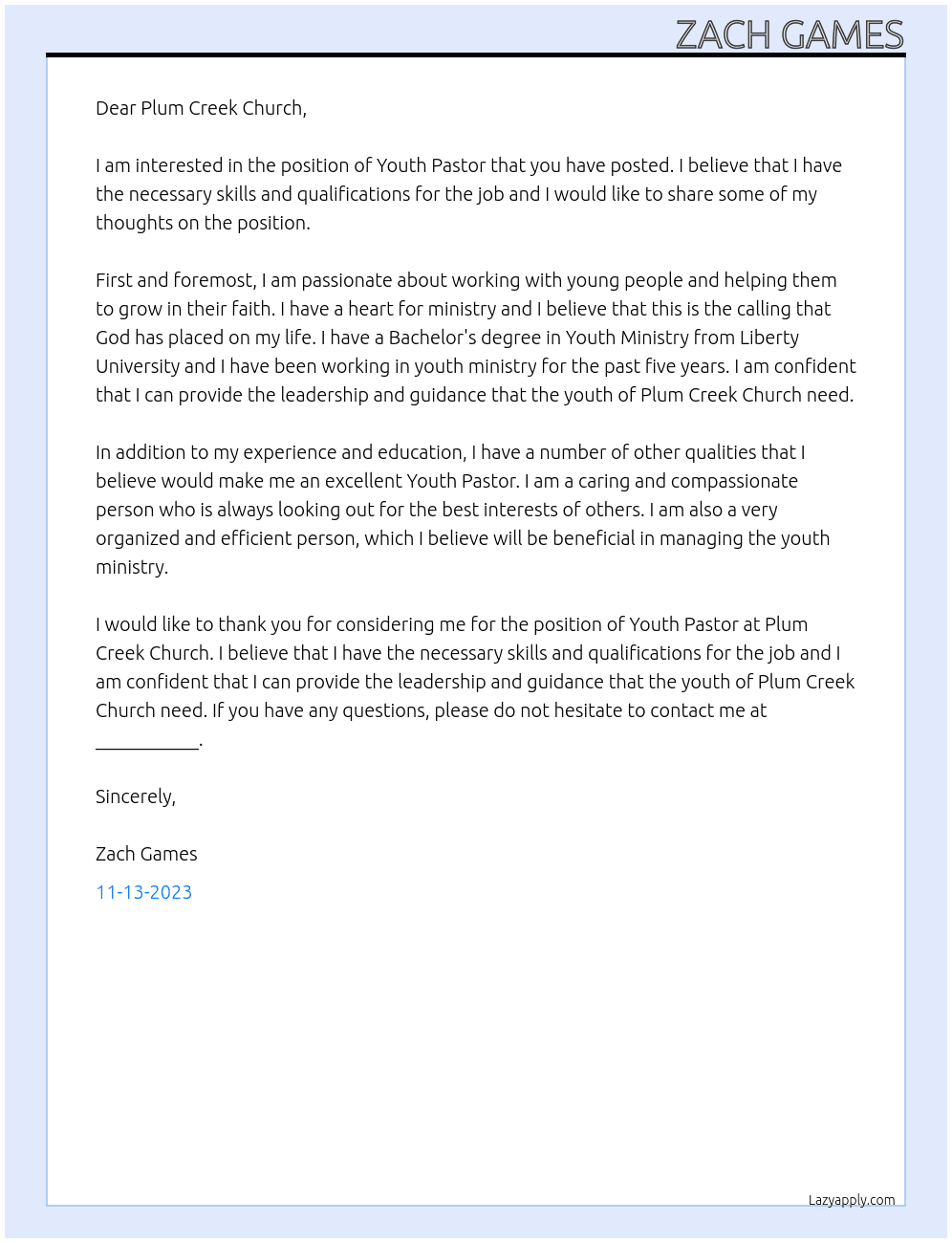 Youth Pastor At Plum Creek Church Cover Letter