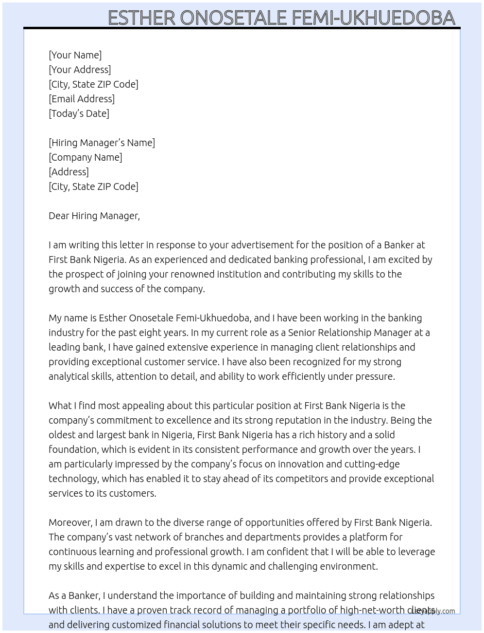 Banker  At First bank Nigeria Cover Letter
