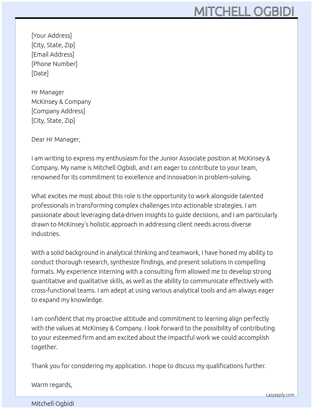 Junior associate At McKinsey & company  Cover Letter