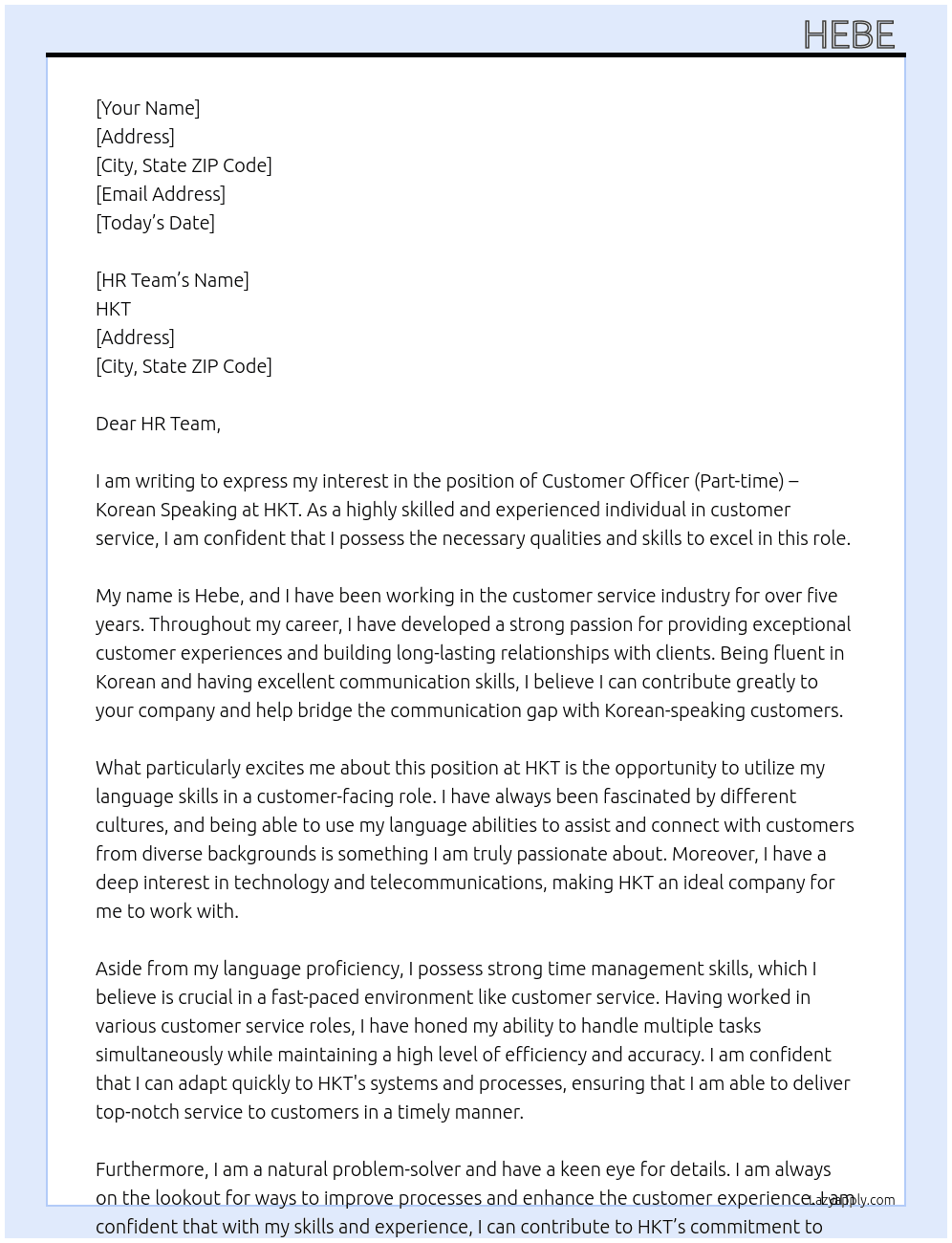 Application for Customer Officer (Part-time)-Korean Speaking At HKT Cover Letter