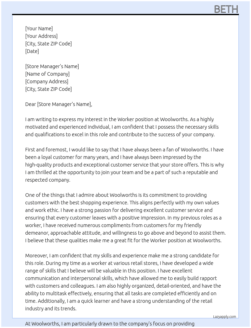 Worker At Woolowrths Cover Letter