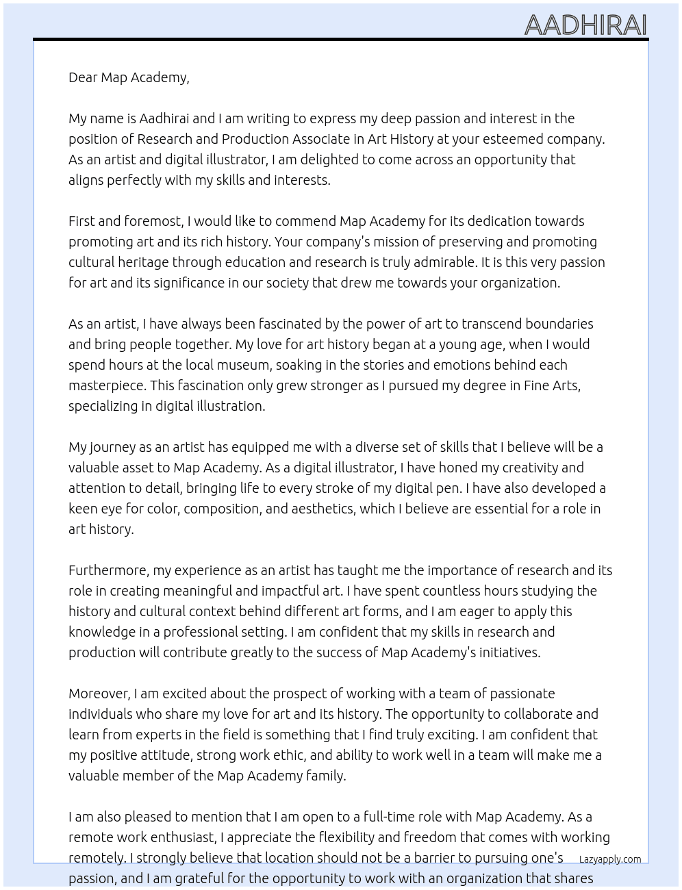 Research and production associate art history  At Map academy Cover Letter