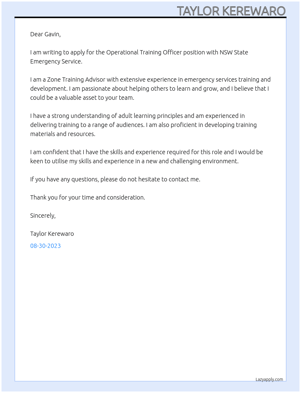 Operational Training Officer At NSW State Emergency Service Cover Letter