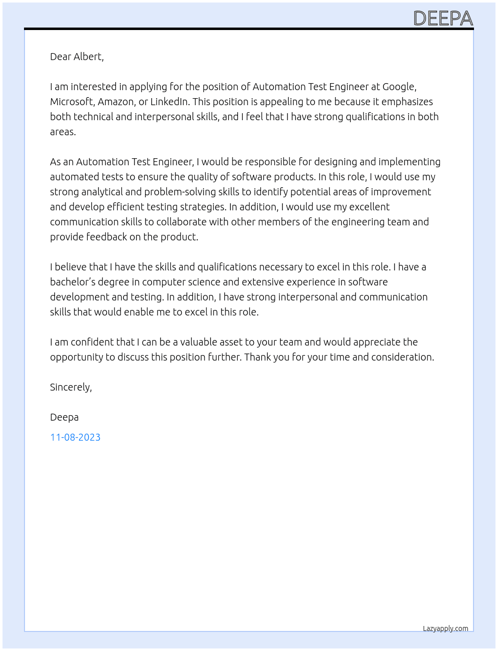 Automation Test Engineer At google, microsoft,amazon,Linkedin Cover Letter
