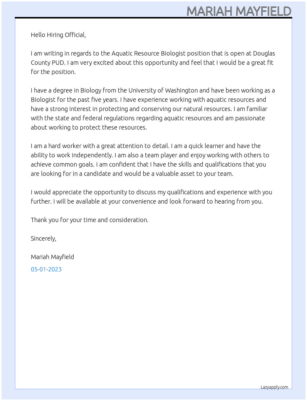 Aquatic Resource Biologist At Douglas County PUD Cover Letter