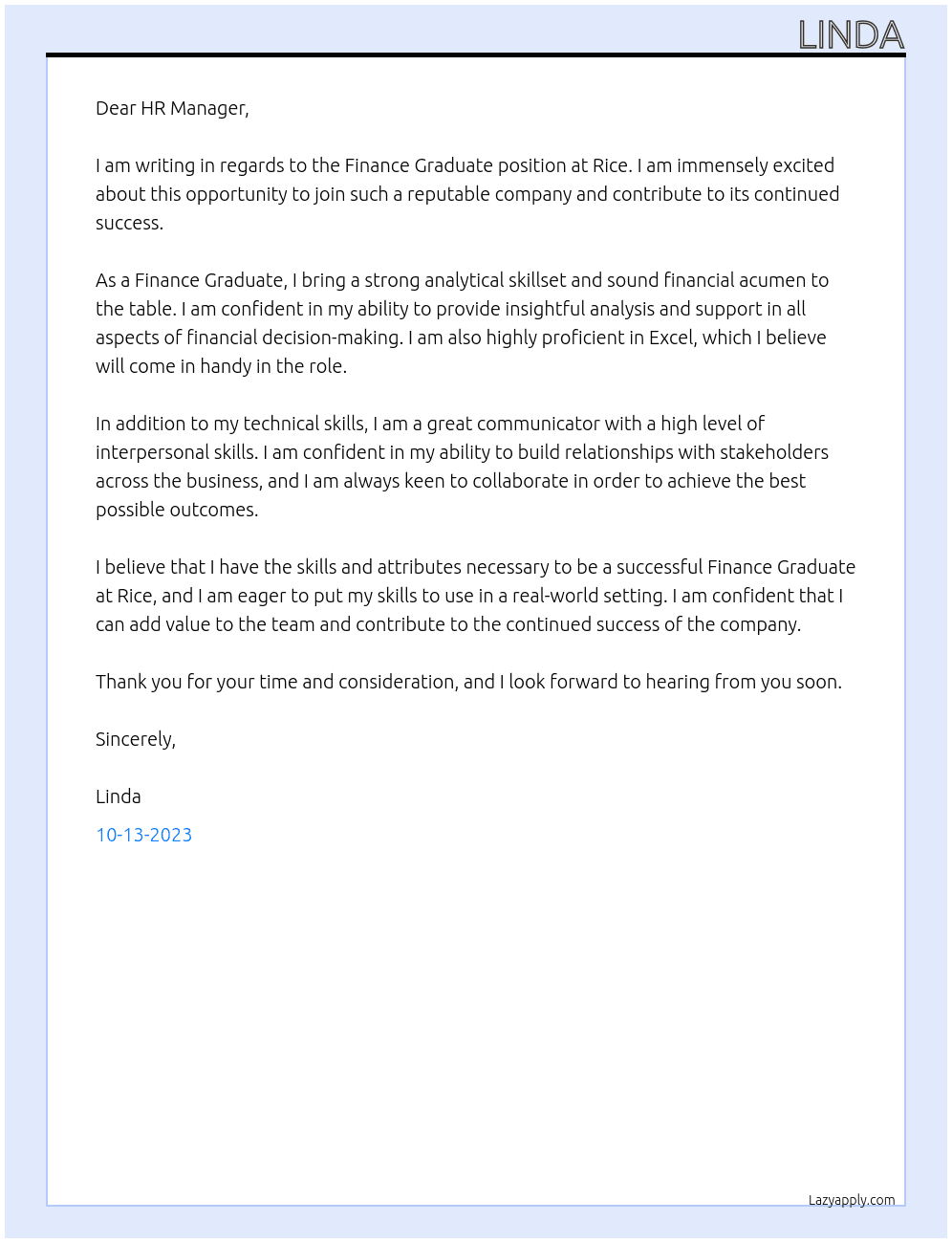Finance Graduate At Rice Cover Letter