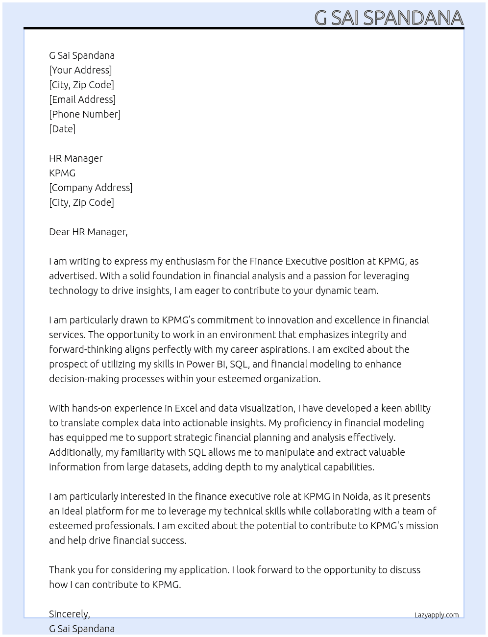 Cover letter for finance executive - LazyApply