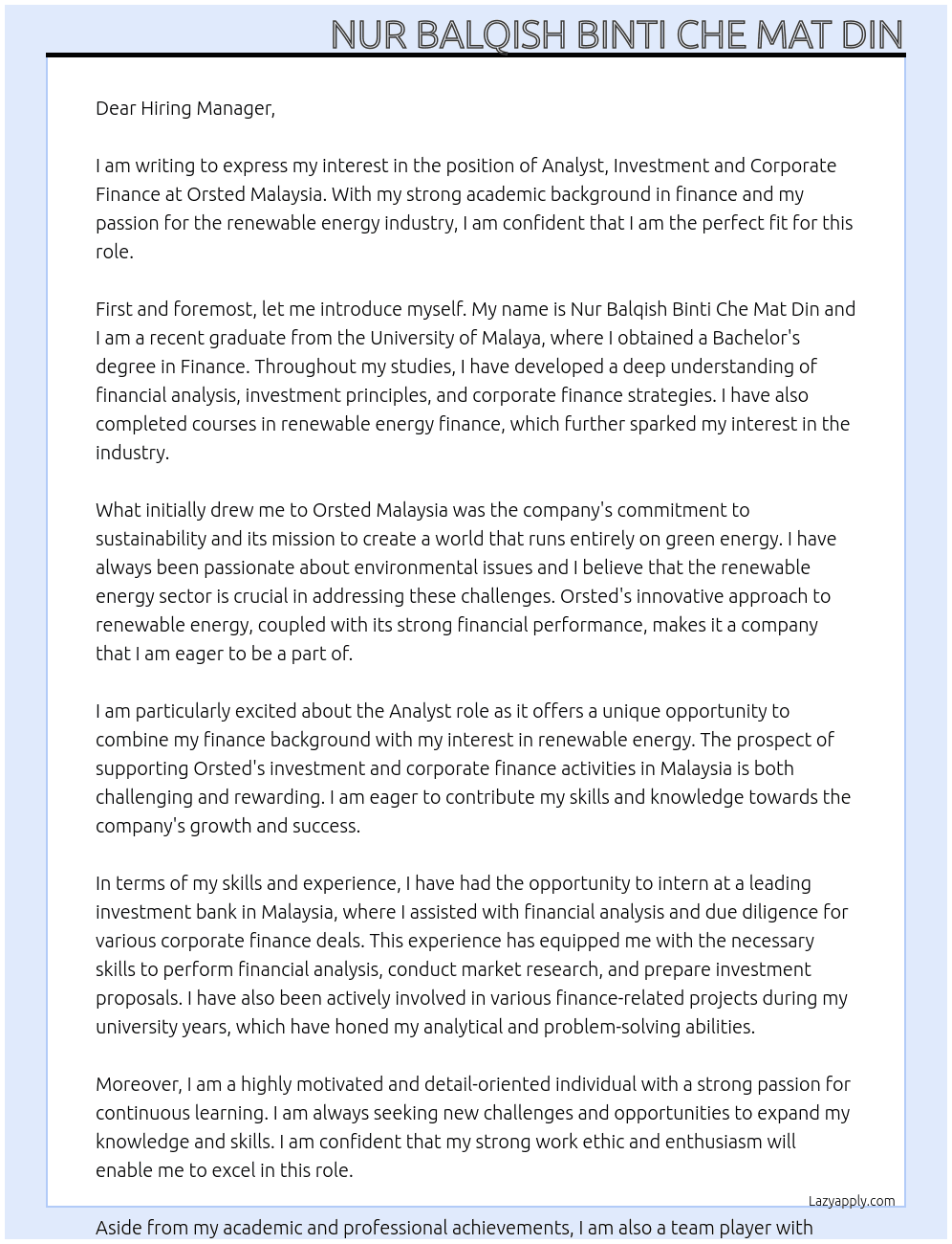 Analyst, Investment and Corporate Finance At Orsted Malaysia Cover Letter