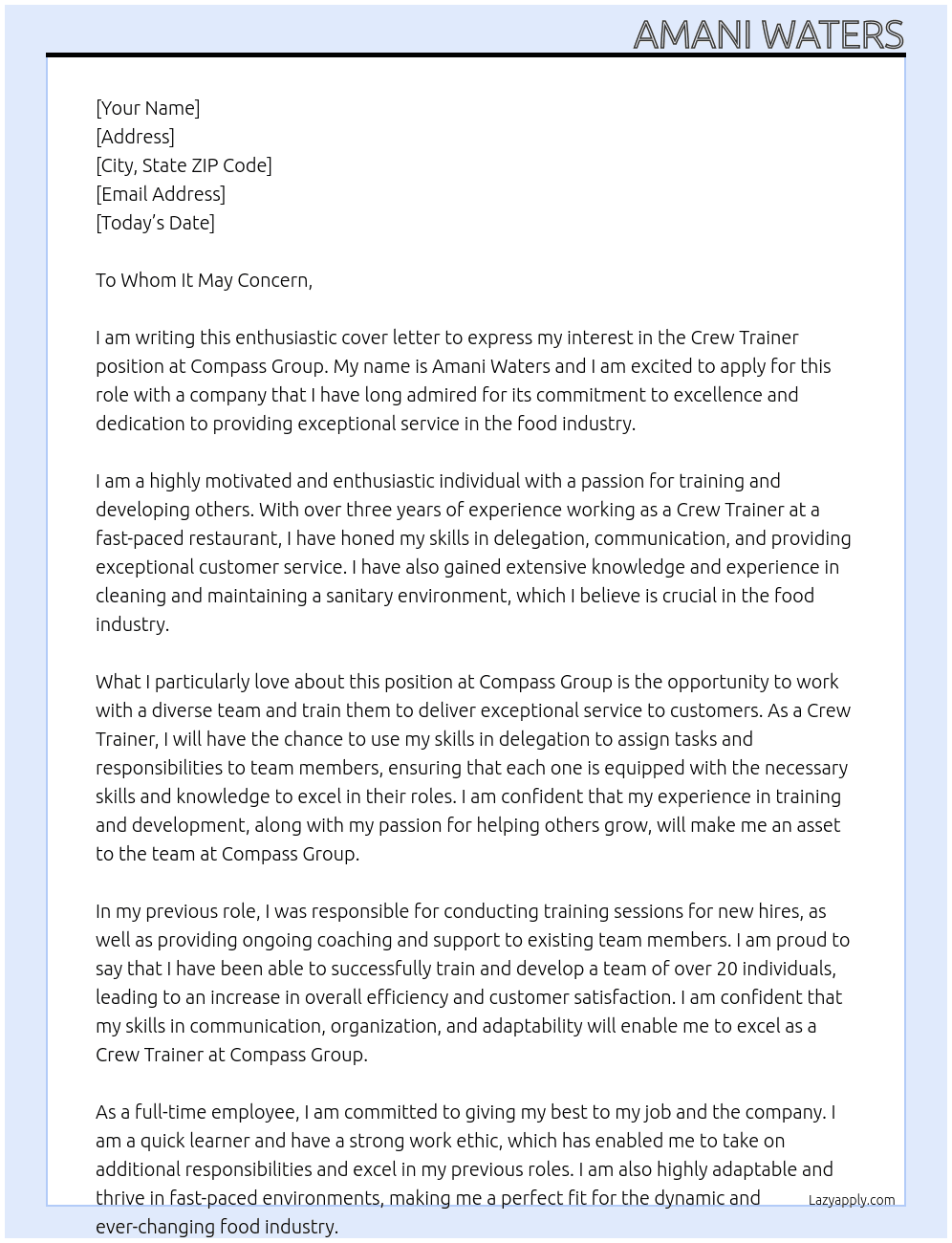 Crew Trainer  At Compass Group Cover Letter