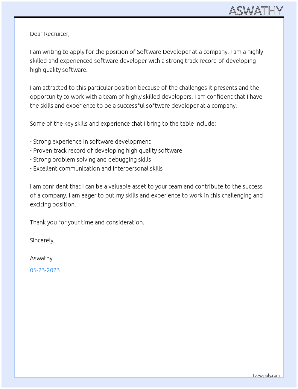 Software Developer At a company Cover Letter