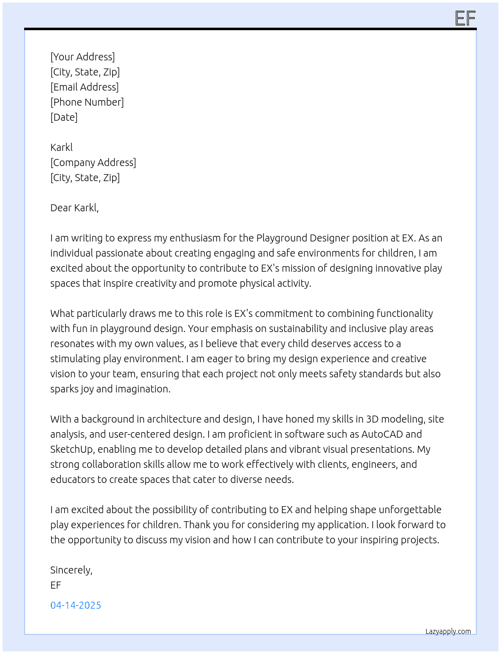 play ground designer At ex Cover Letter