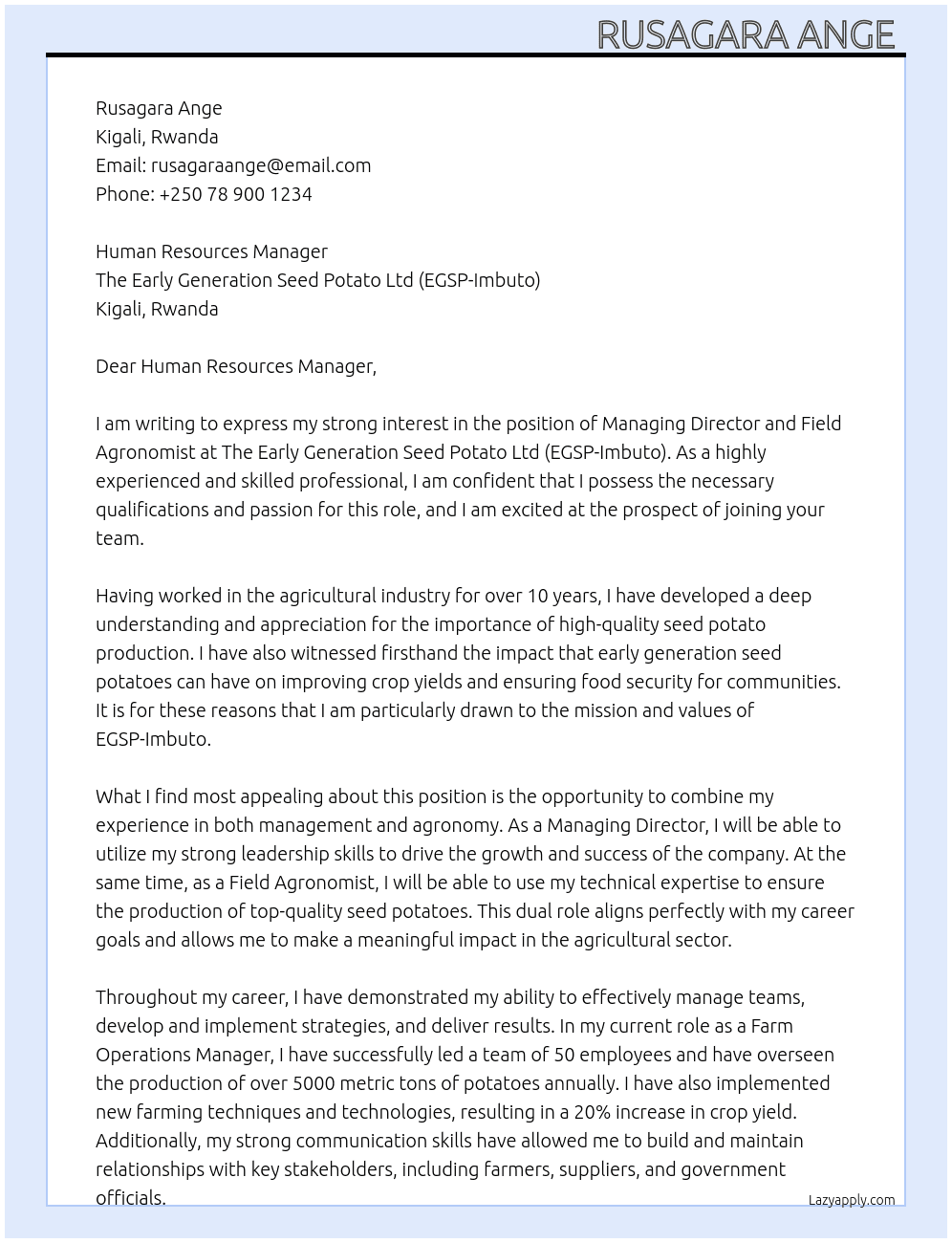 Cover letter for managing director and field agronomist - LazyApply