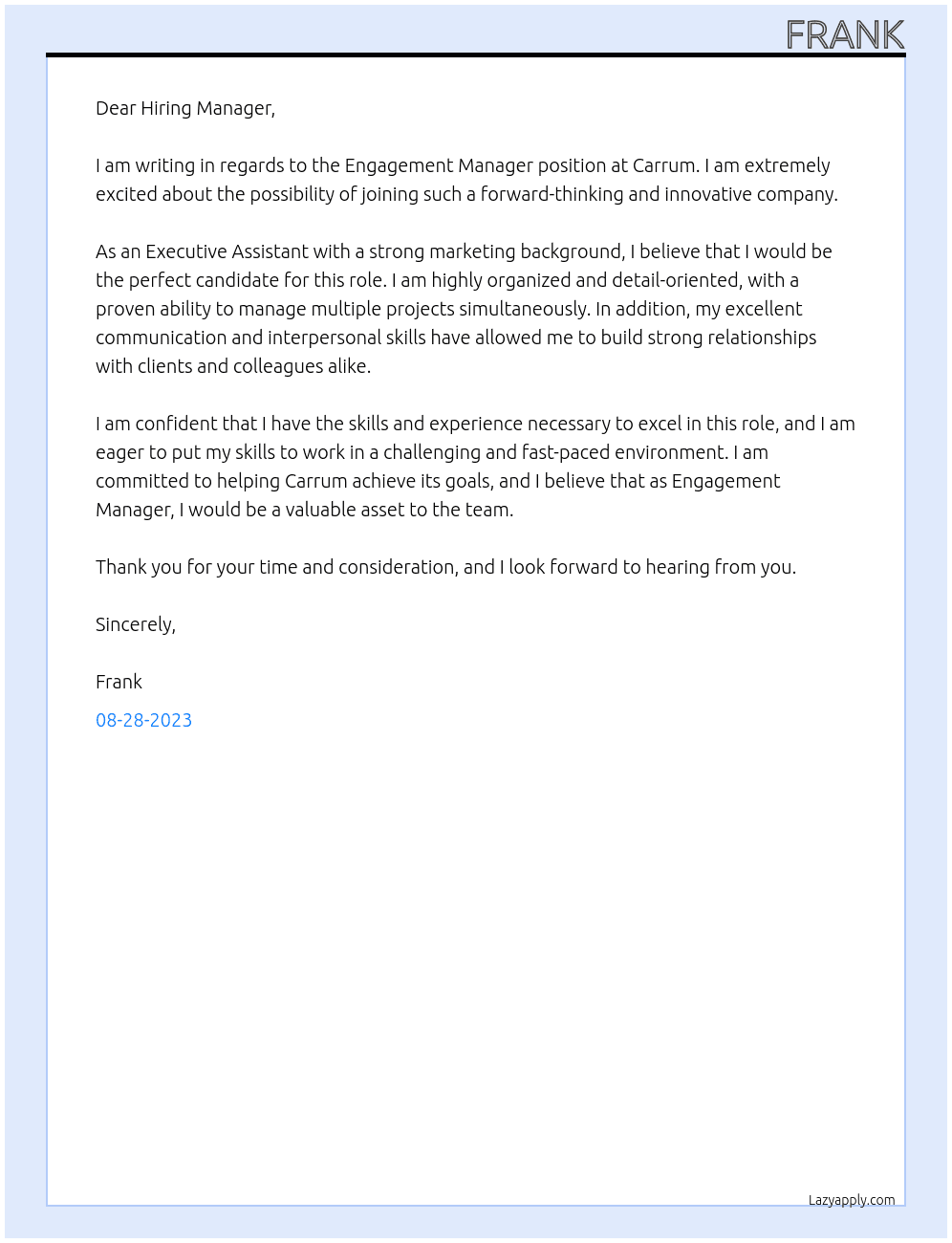 Engagement Manager At Carrum Cover Letter