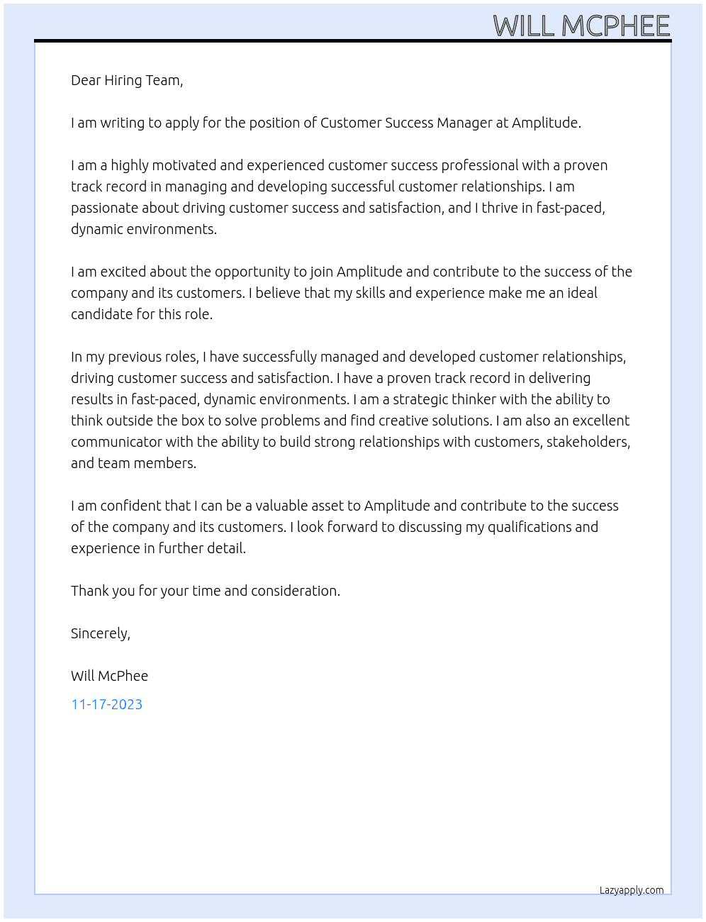 Customer Success Managet At Amplitude Cover Letter
