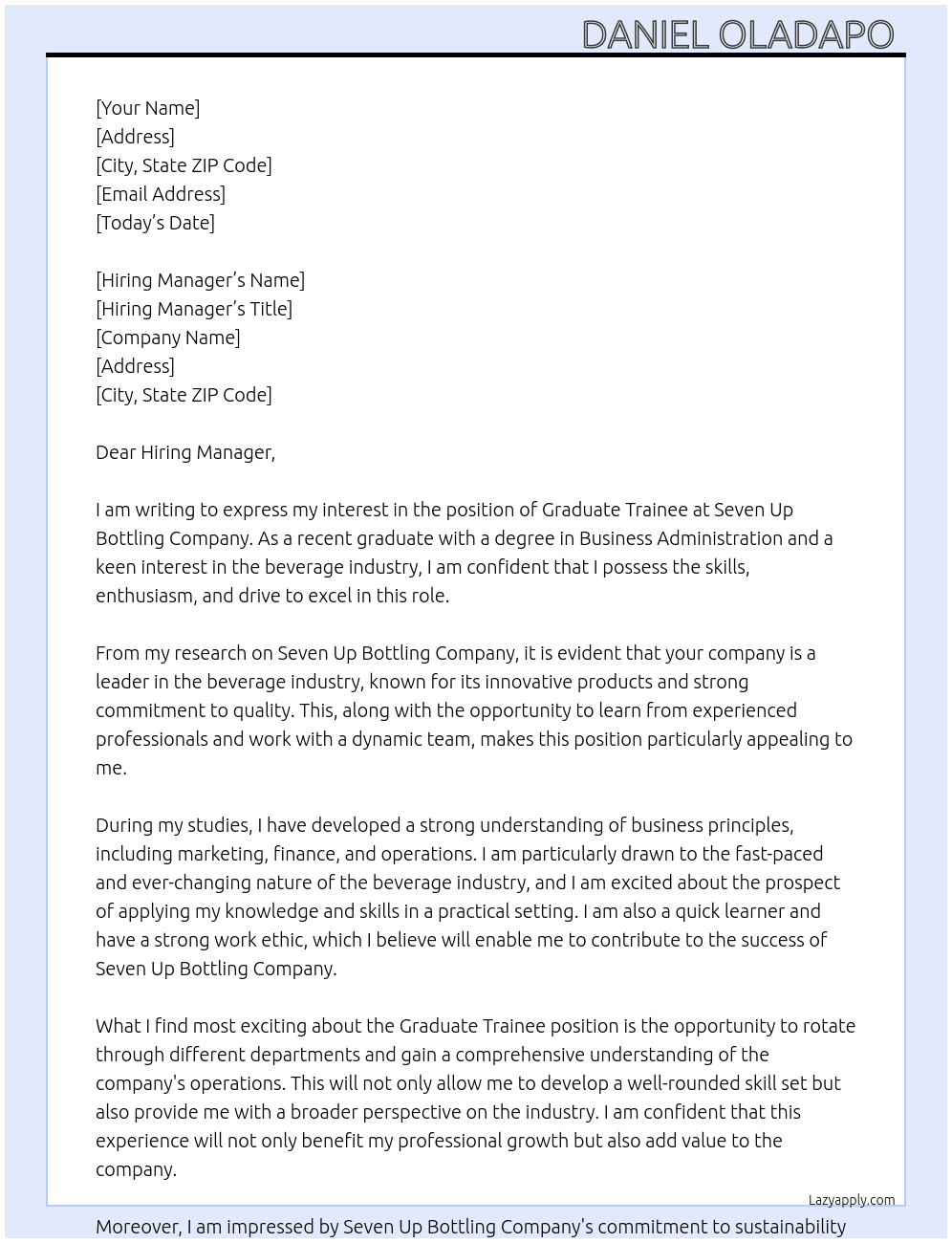 Graduate trainee  At Seven up bottling company  Cover Letter