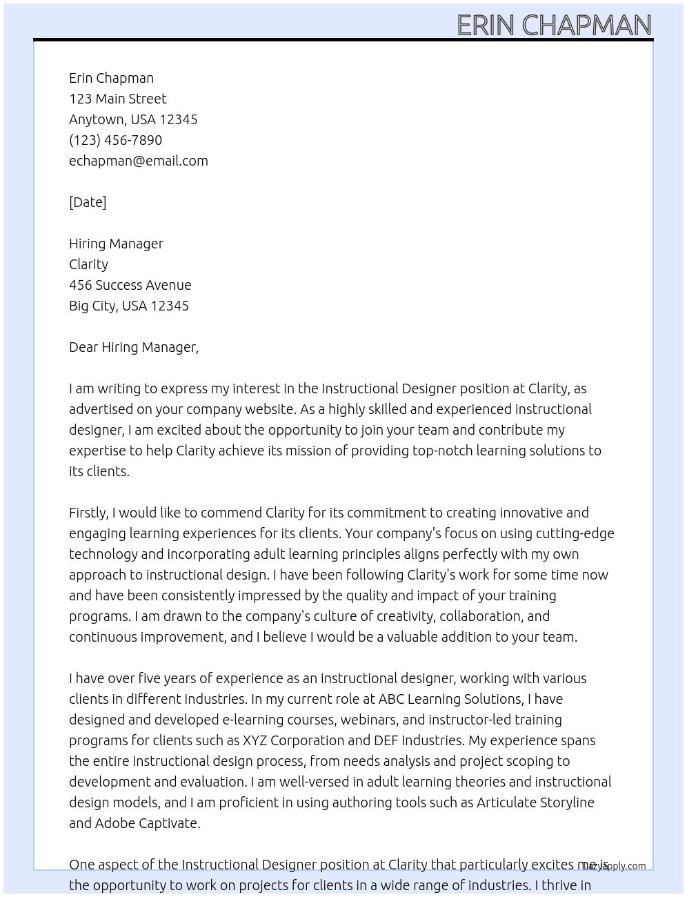 Instructional Designer At Clarity Cover Letter