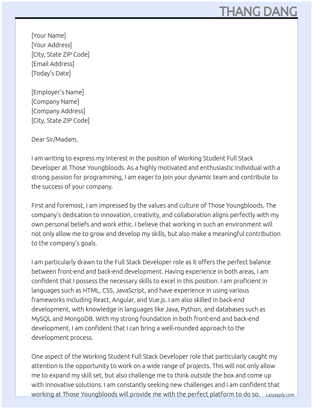 Working Student Full Stack Developer At Those Youngbloods Cover Letter