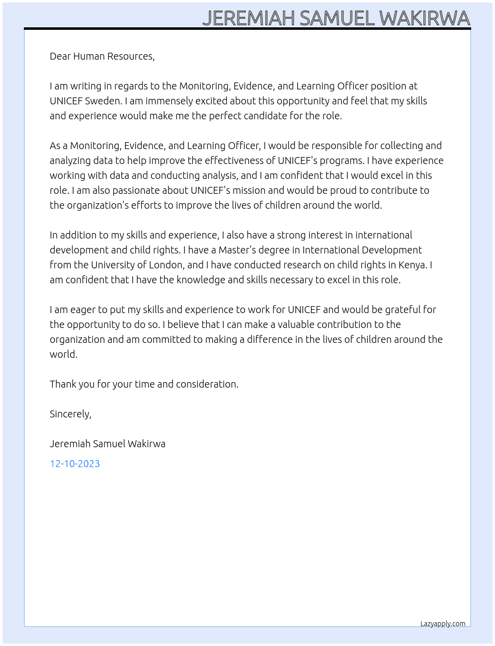 Monitoring, Evidence, and Learning Officer At UNICEF SWEDEN Cover Letter