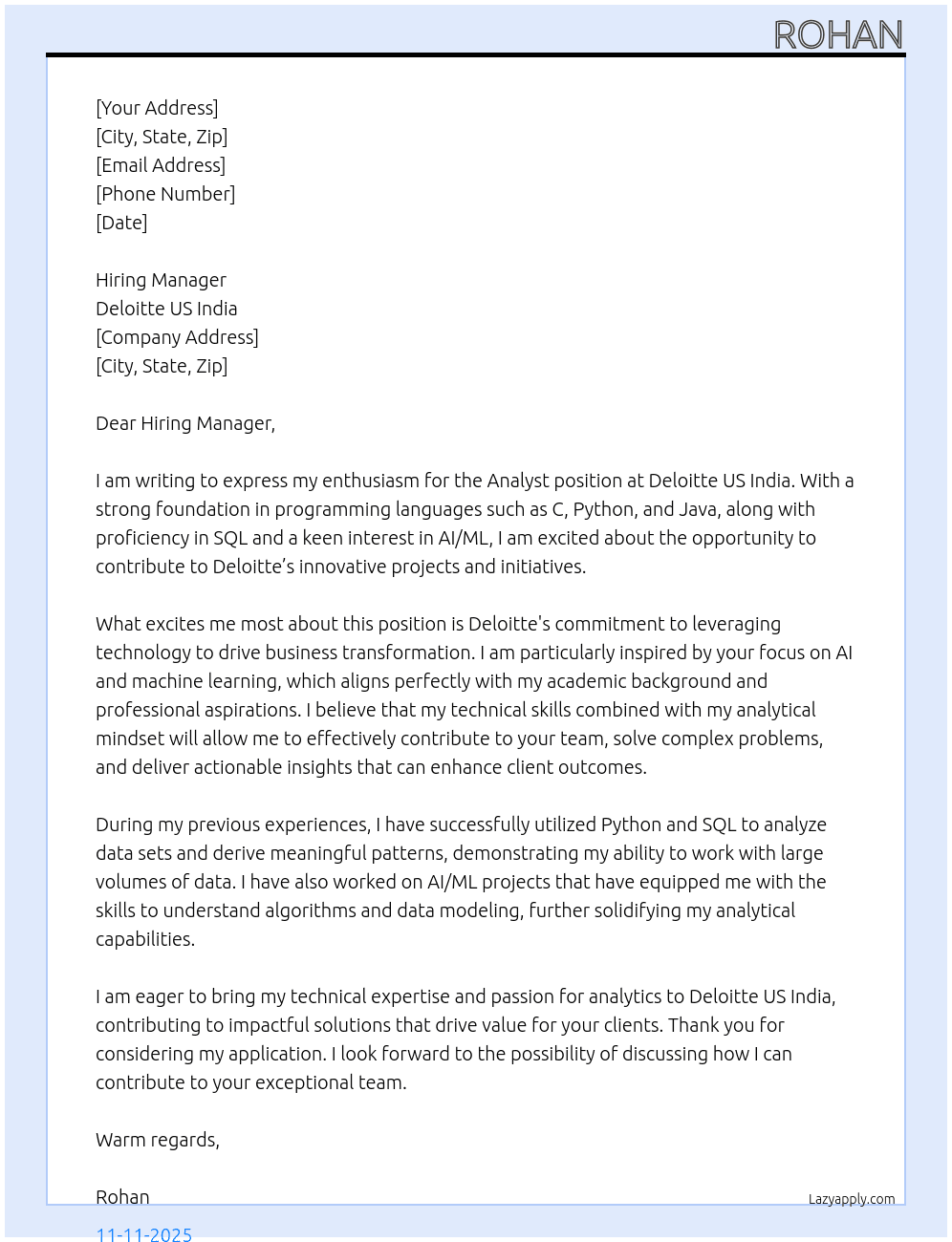 Analyst or Equivalent At Deloitee US India Cover Letter