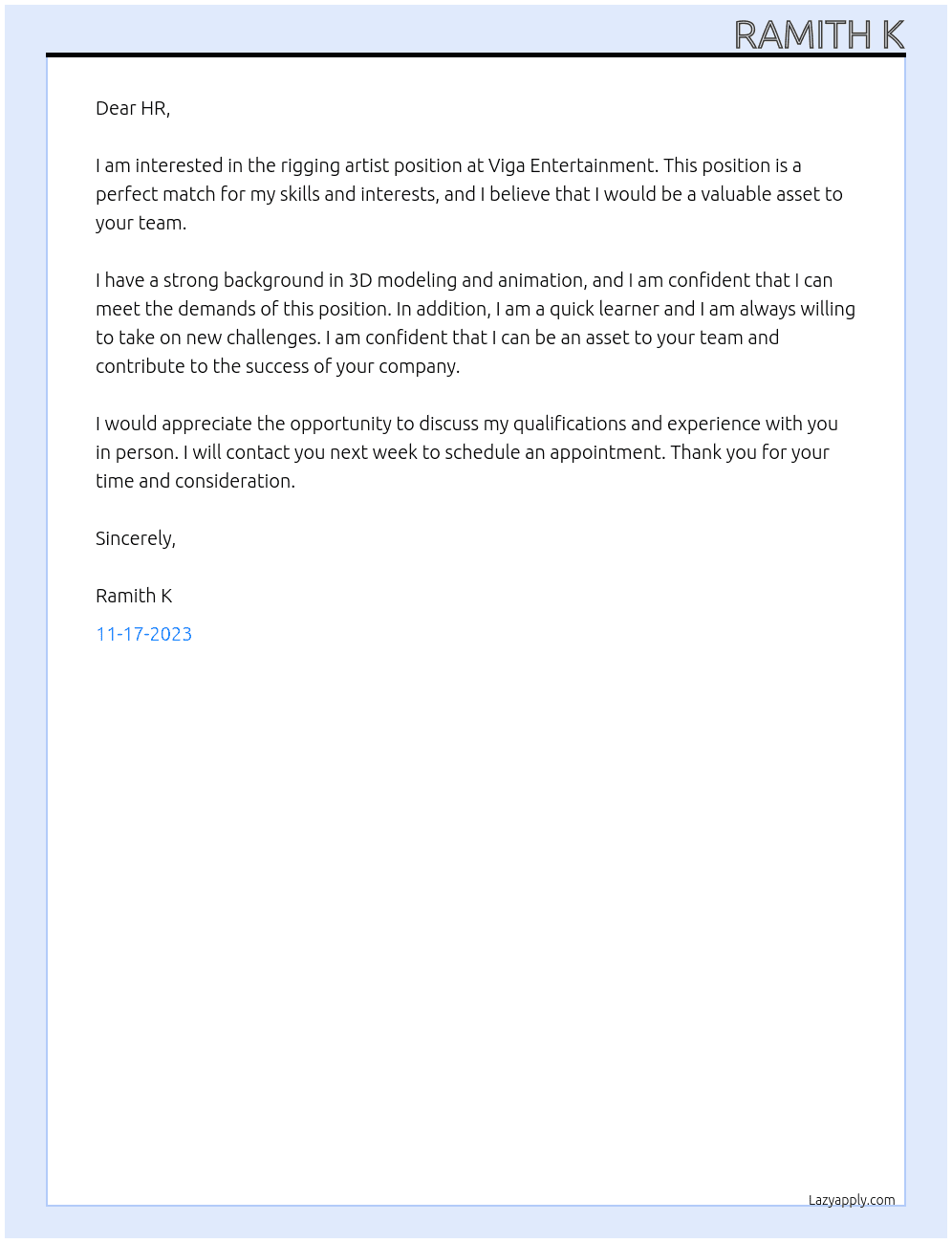rigging artist At viga entertainment Cover Letter