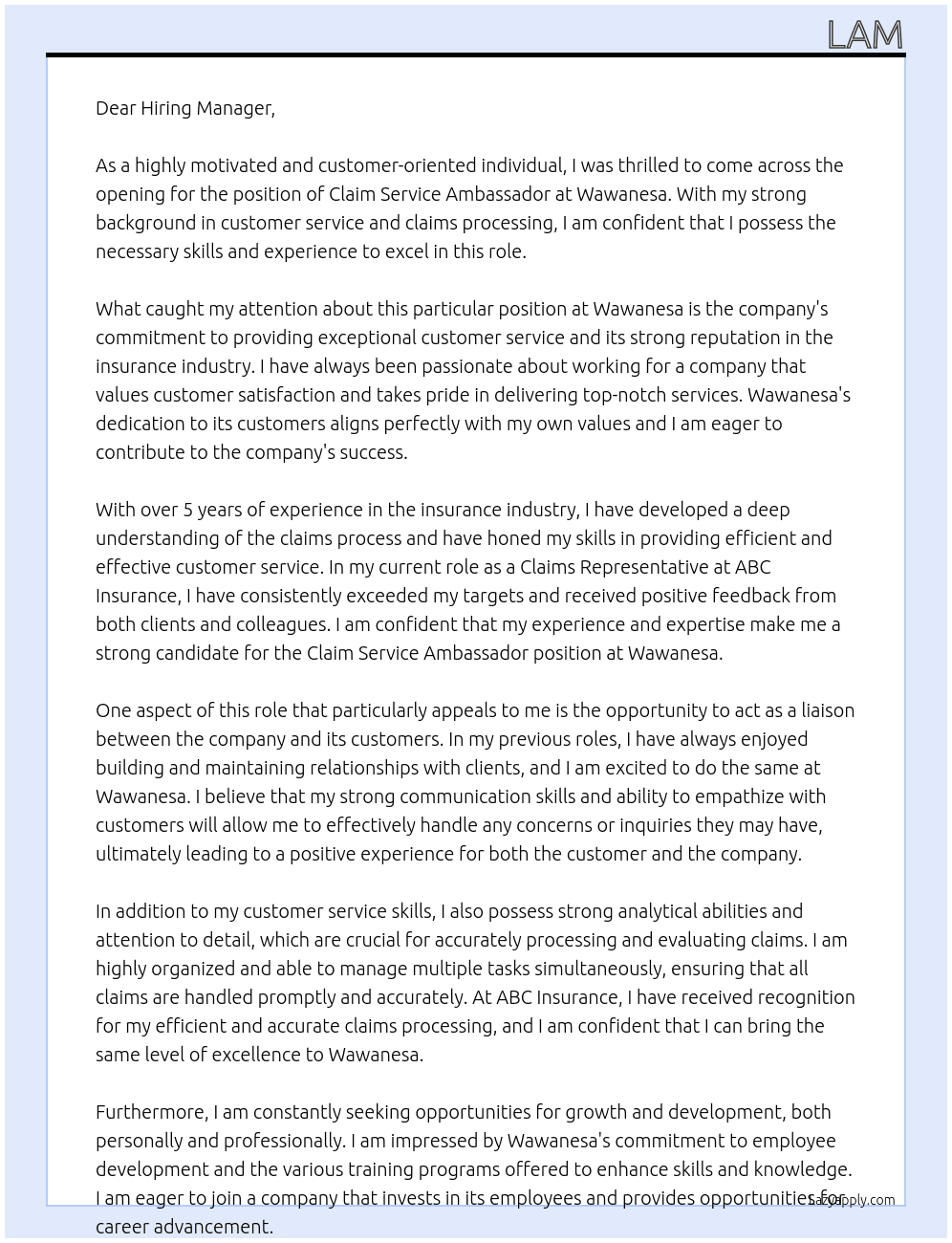 CLAIM SERVICE AMBASSADOR At WAWANESA Cover Letter
