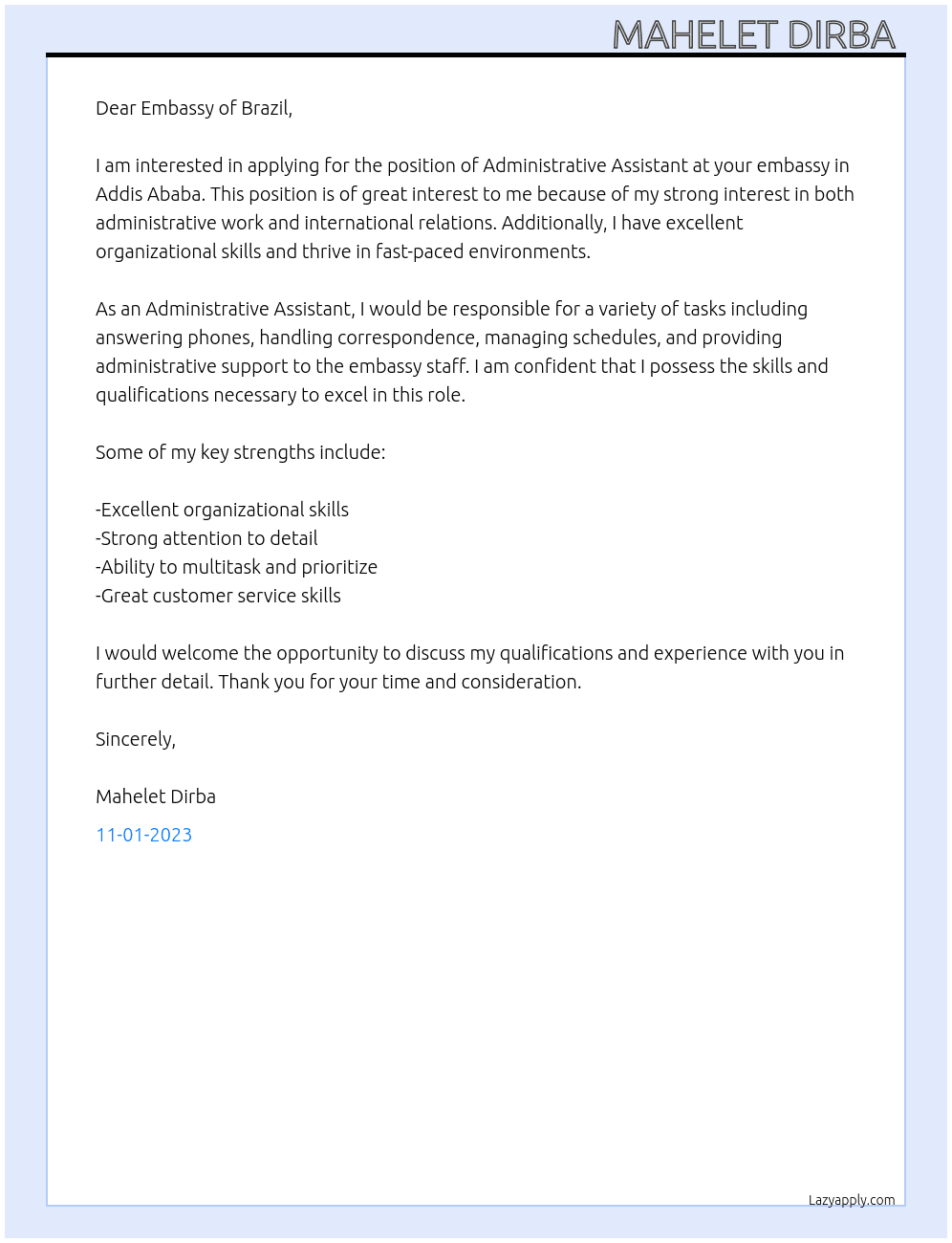 Administrative assistant  At Embassy of Brazil, Addis Ababa  Cover Letter