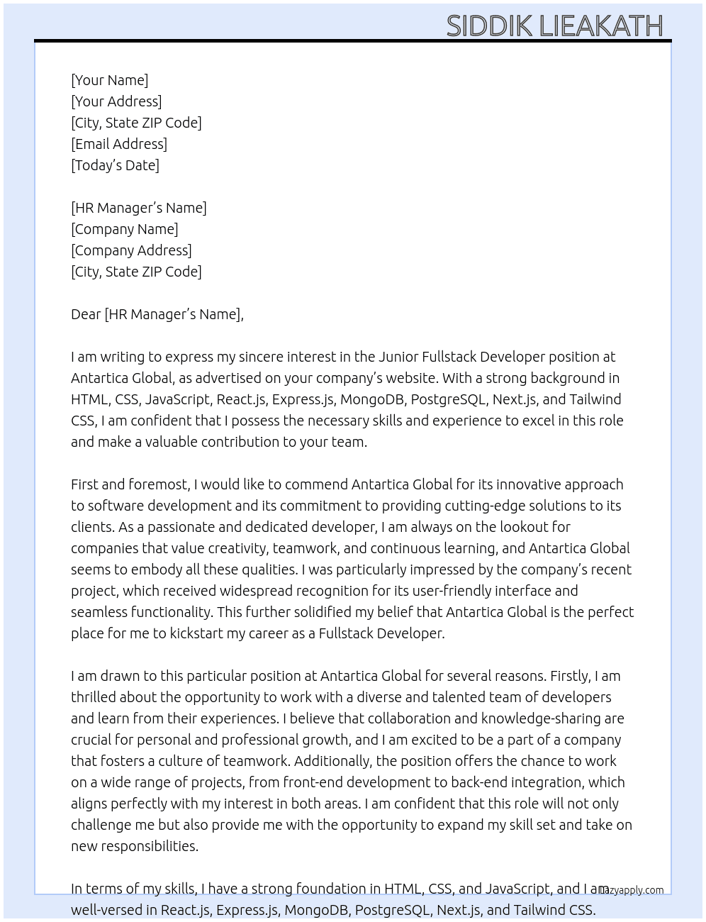 Junior Fullstack developer  At Antartica global Cover Letter
