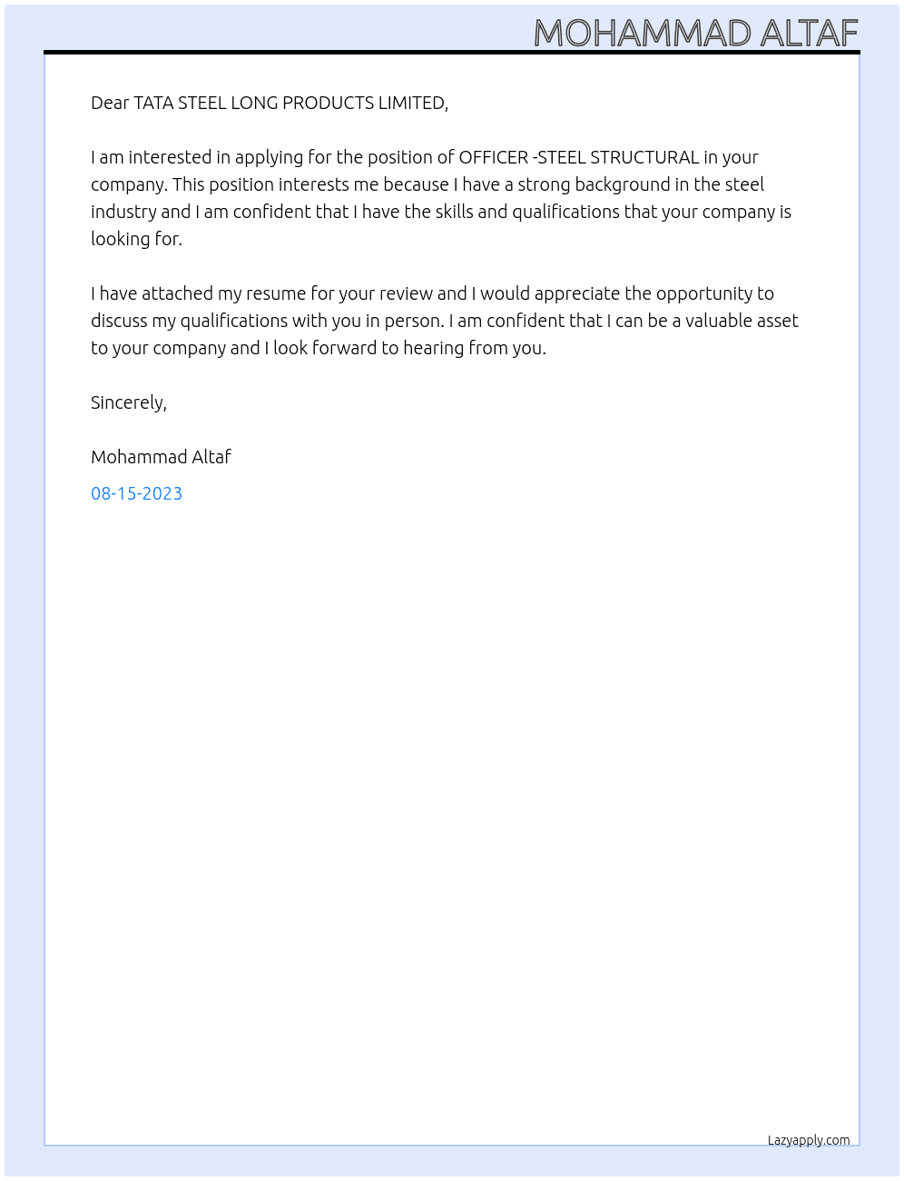 OFFICER -STEEL STRUCTURAL At TATA STEEL LONG PRODUCTS LIMITED  Cover Letter