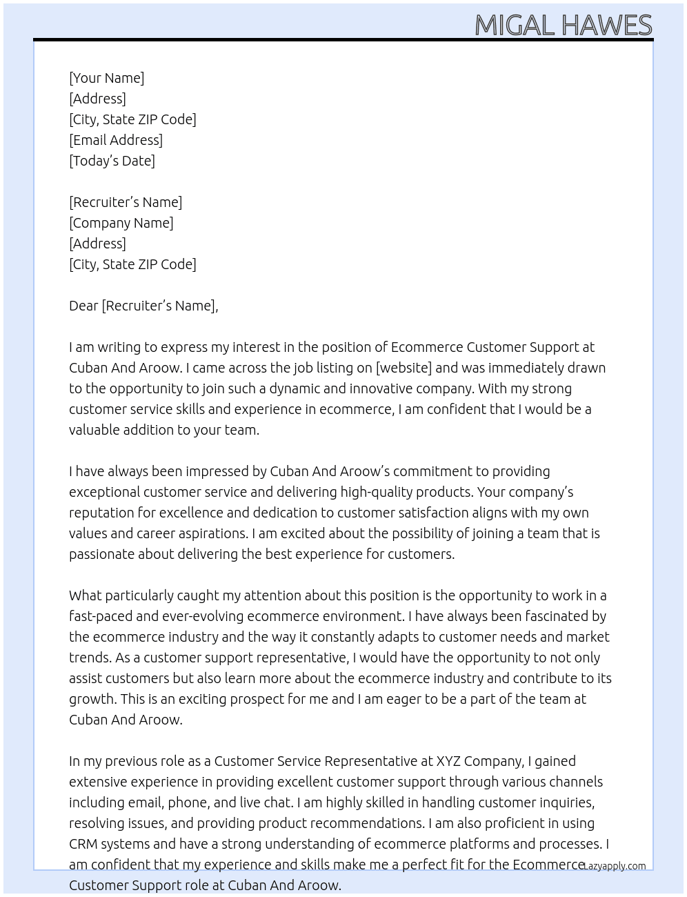 ecommerce Customer Support At Cuban And Aroow Cover Letter