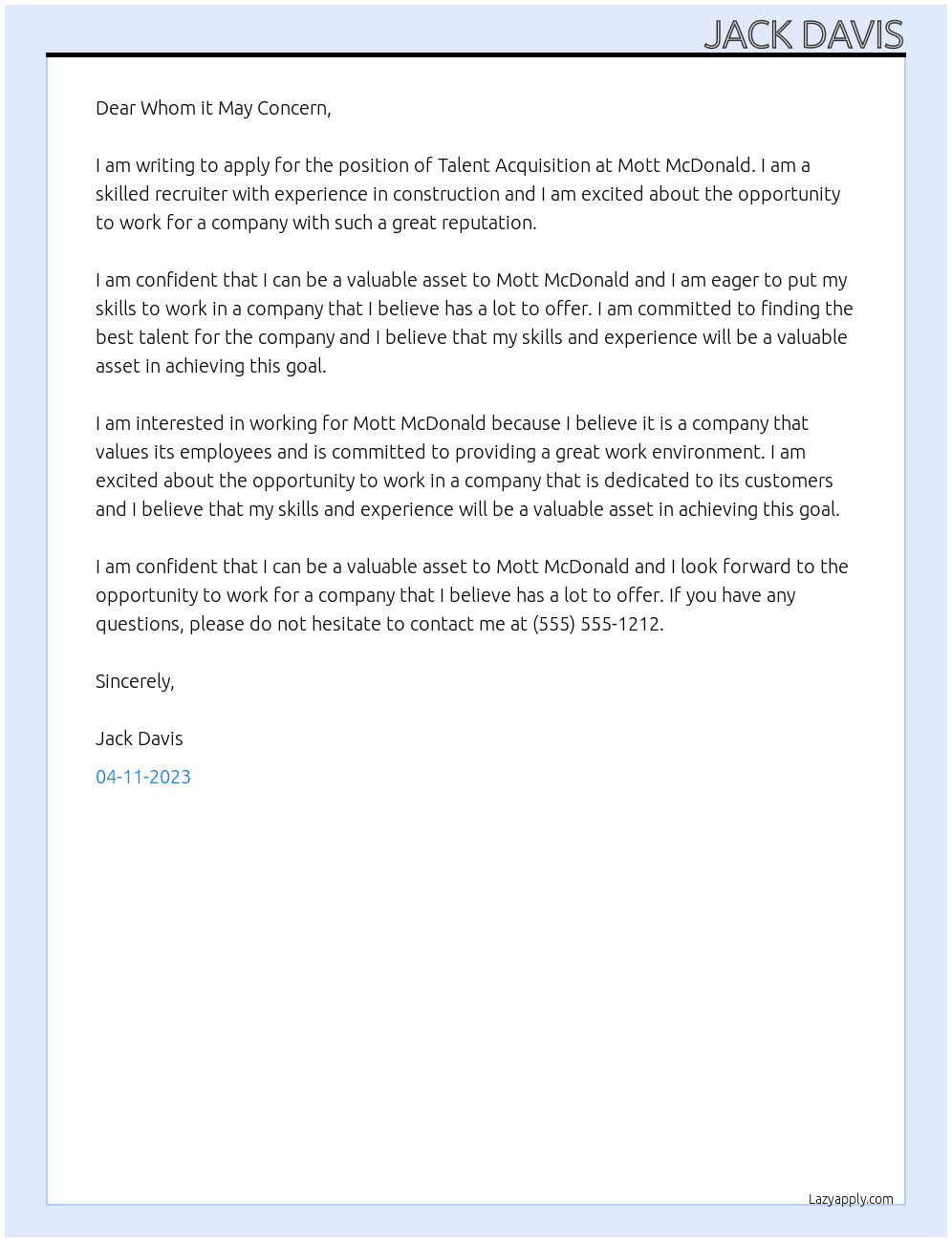 Talent Acquisition At Mott Mcdonald Cover Letter