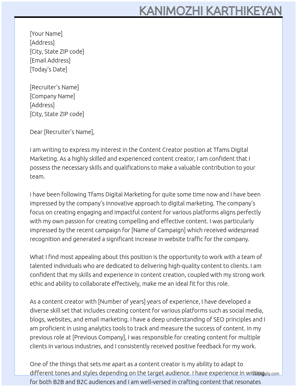 Content creator  At Tfams Digital Marketing Cover Letter