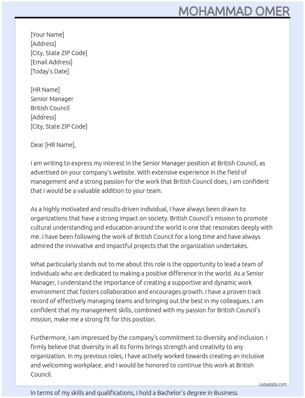 Senior Manager At British Council Cover Letter