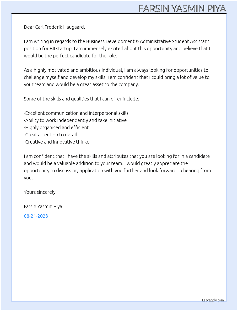 Business Development & Administrative Student Assistant for BII startup.  At HHC Medical Cover Letter