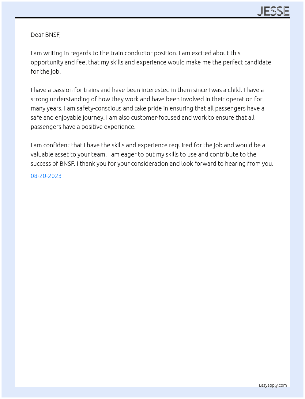 Train conductor At BNSF Cover Letter