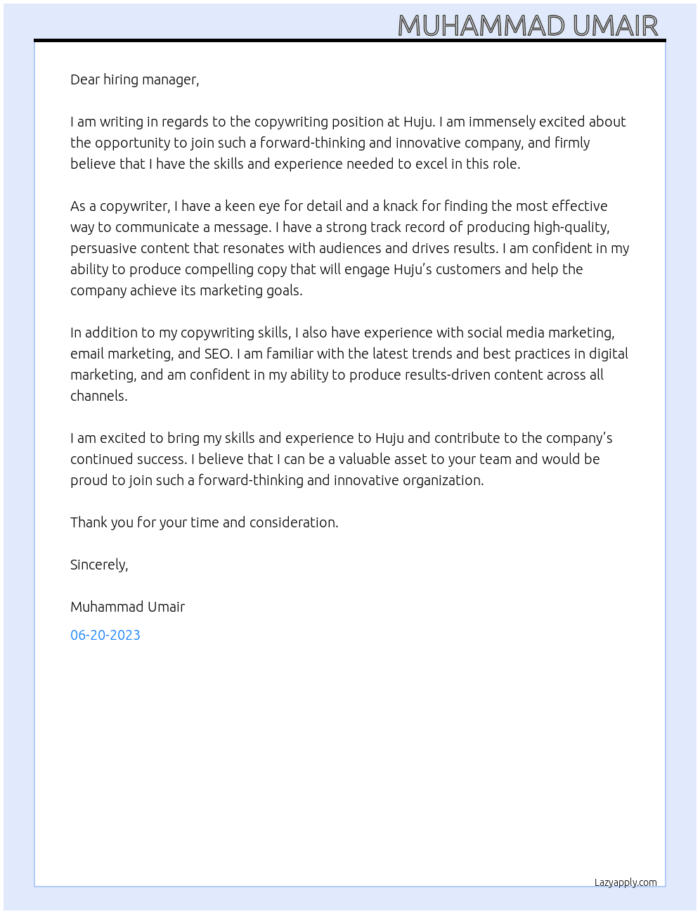 Copywriting  At Huju Cover Letter