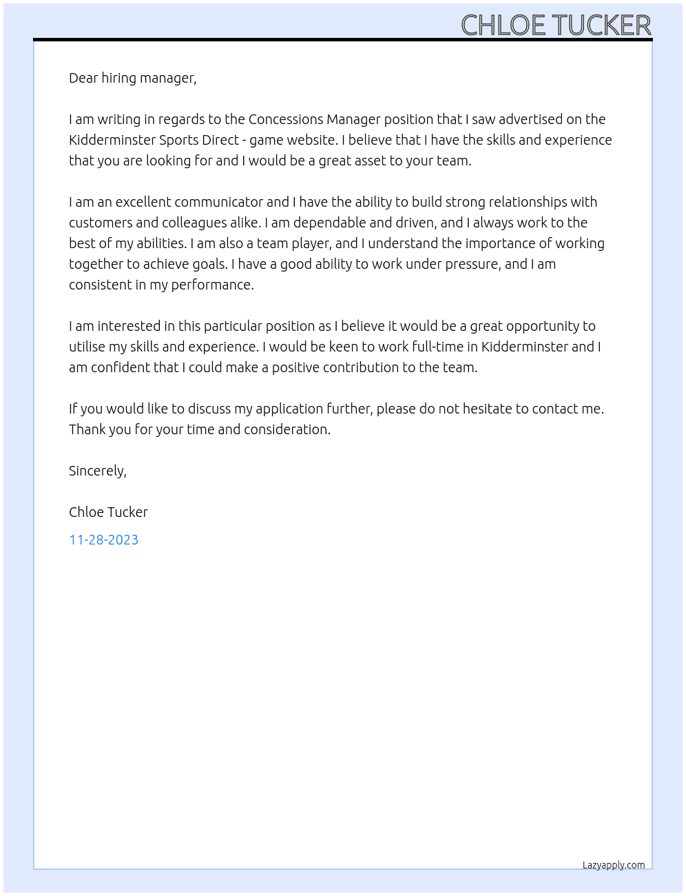 Concessions Manager At Chloe Tucker Cover Letter