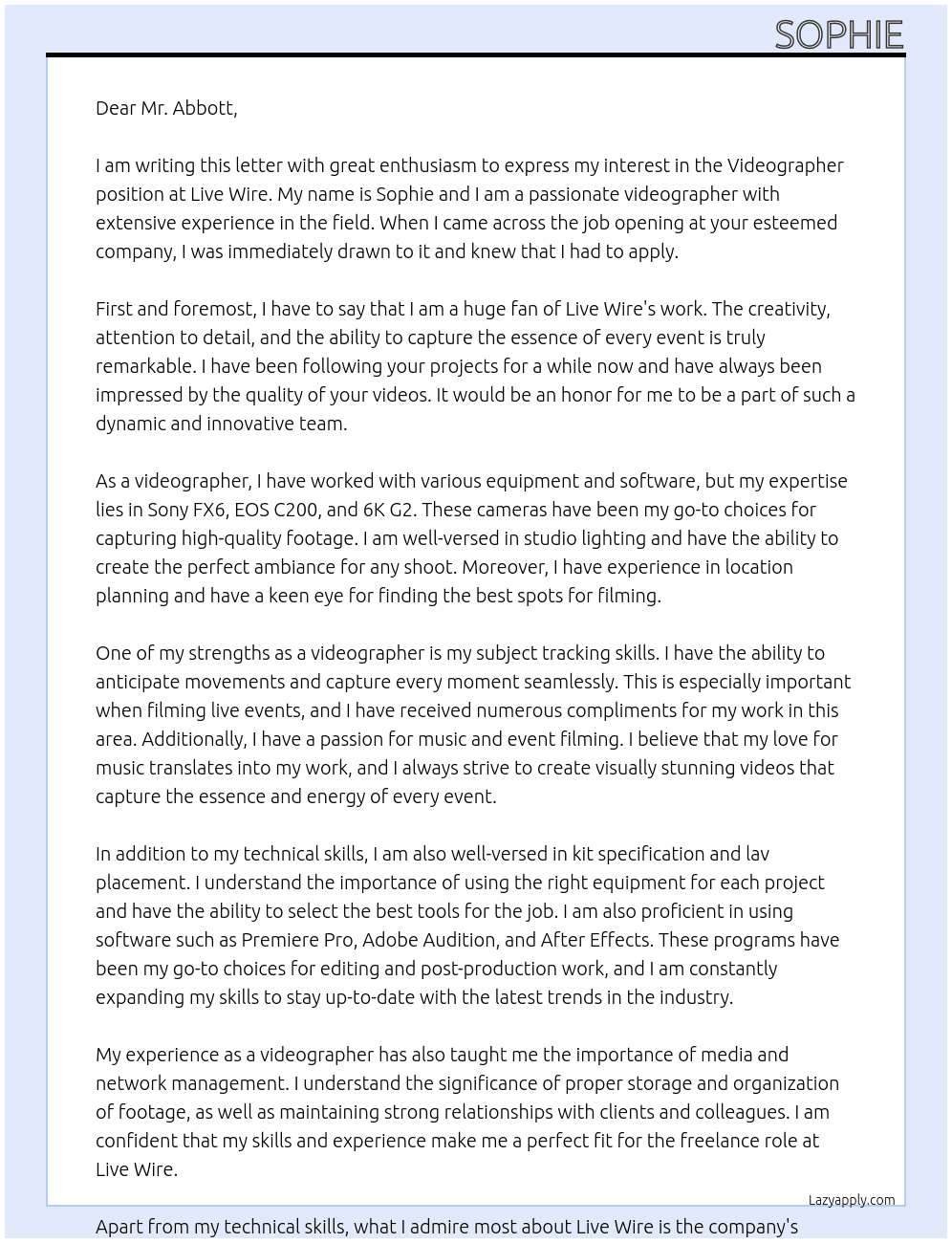 Videographer  At Live Wire Cover Letter