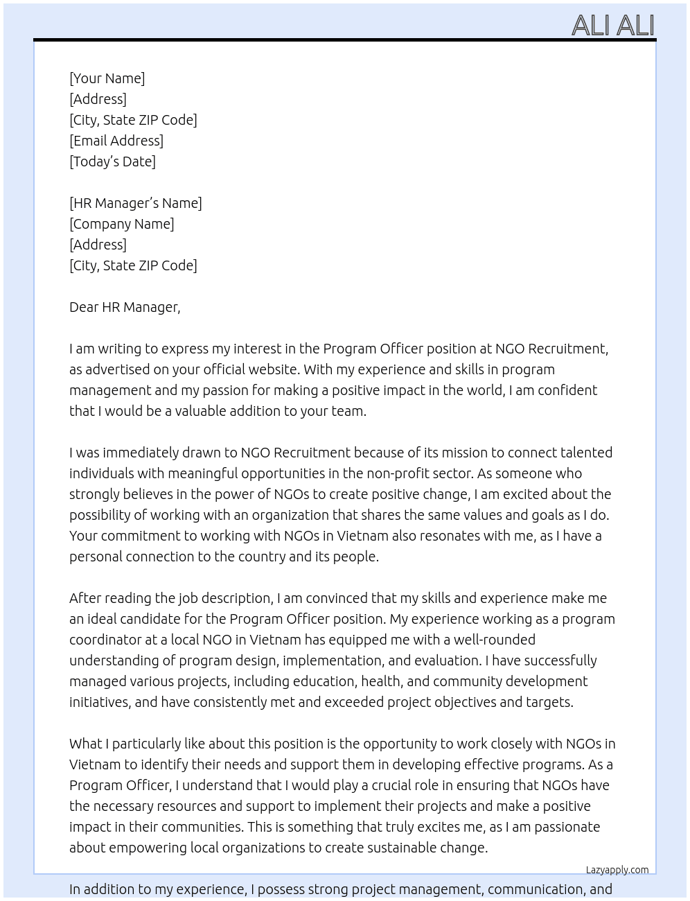 Program Officer (Vietnam) At NGO Recruitment Cover Letter