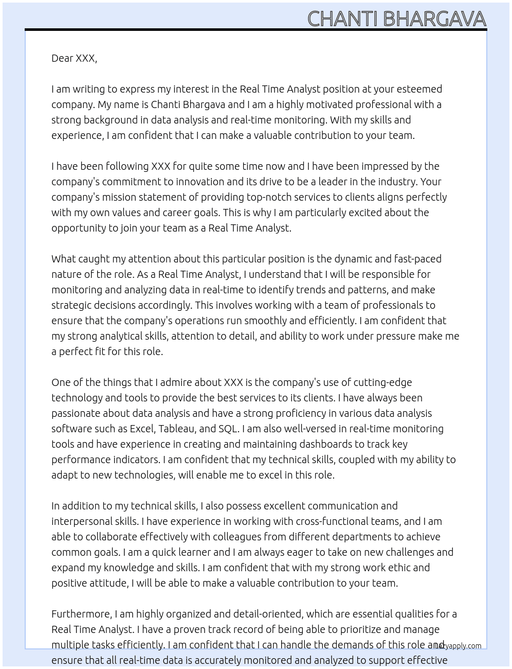 Real time Analyst  At XXX Cover Letter