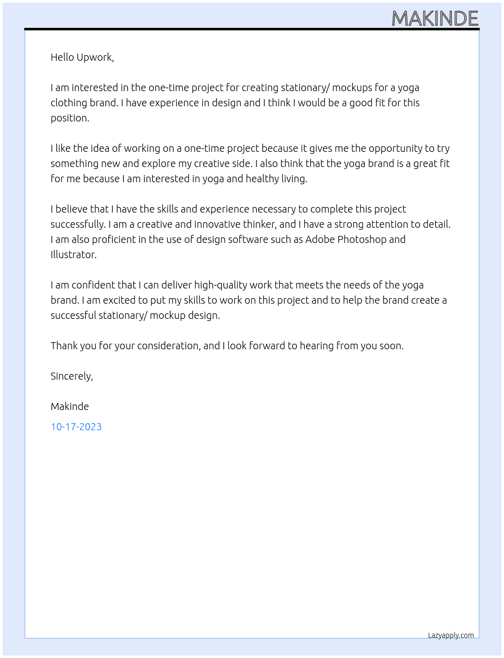 One-time project  At  stationary/ mockups for a yoga clothing brand Cover Letter