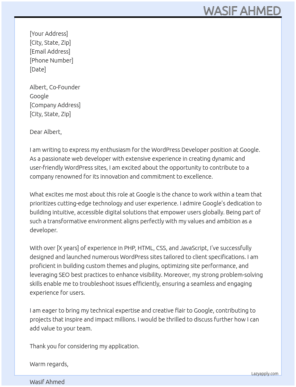 WordPress Developer At Google Cover Letter