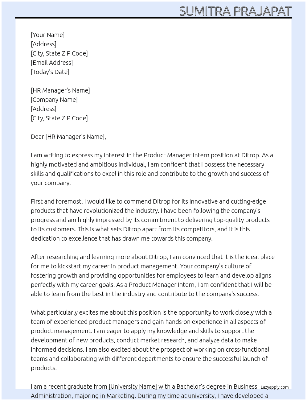 Product manager intern At Ditrop Cover Letter