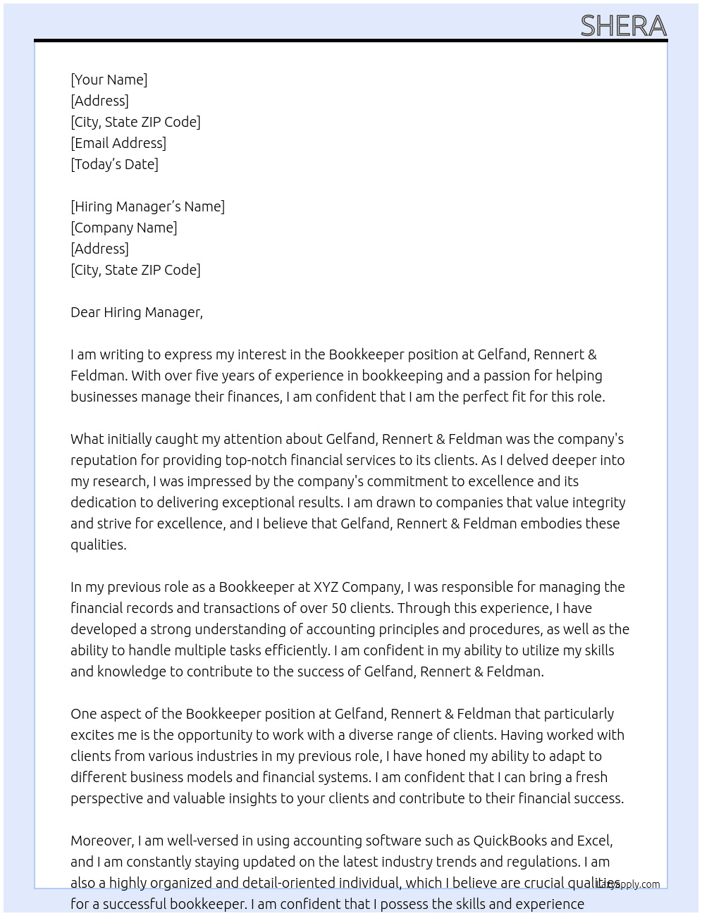Bookkeeper At Gelfand, Rennert & Feldman Cover Letter