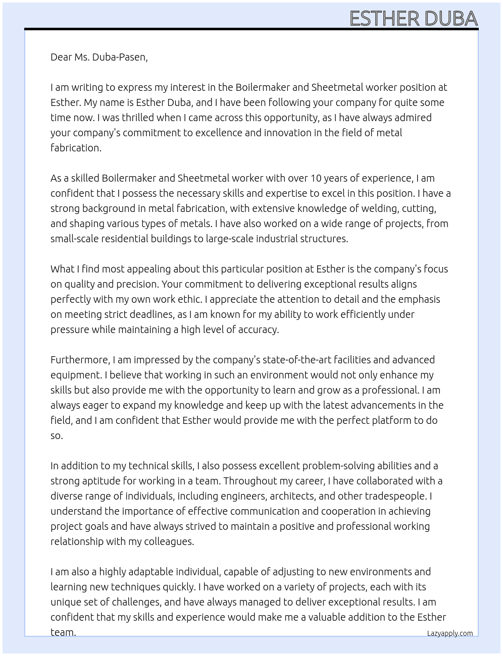 Boilermaker and Sheetmetal workers At esther Cover Letter