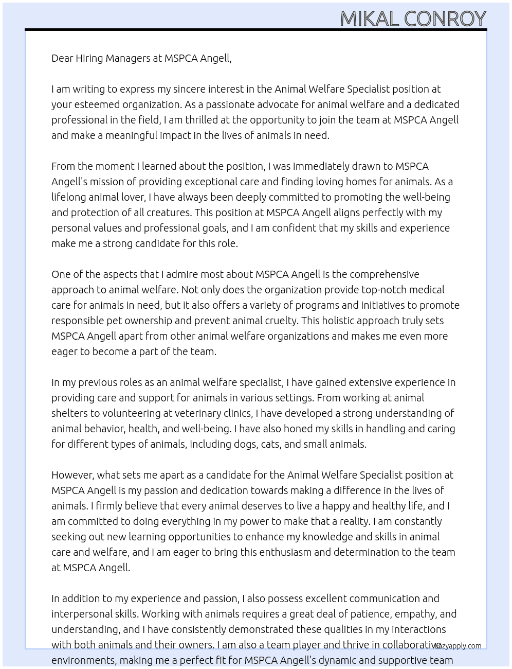 Animal Welfare Specialist At MSPCA Angell Cover Letter