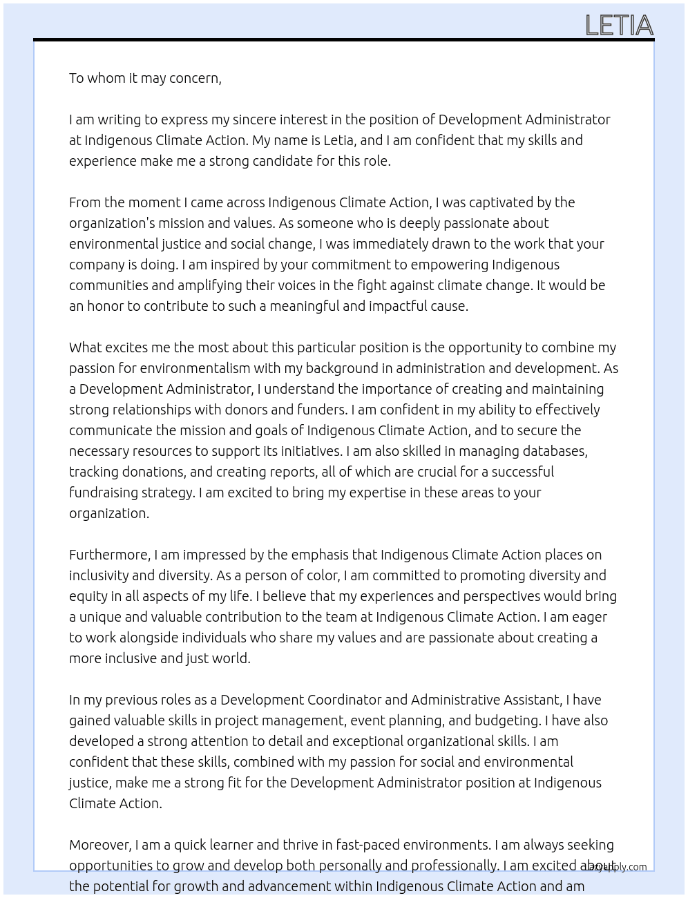 Development Administrator At Indigenous Climate action Cover Letter